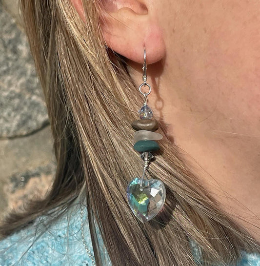 Sparkling Vintage Swarovski Heart Earrings with beach glass, Petoskey stone and Leland blue stones