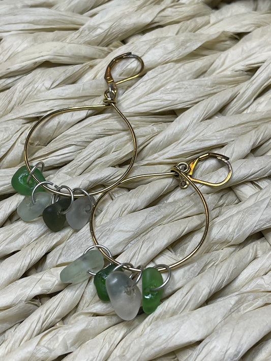 Gold plated hoop earrings with Lake Michigan beach glass charms