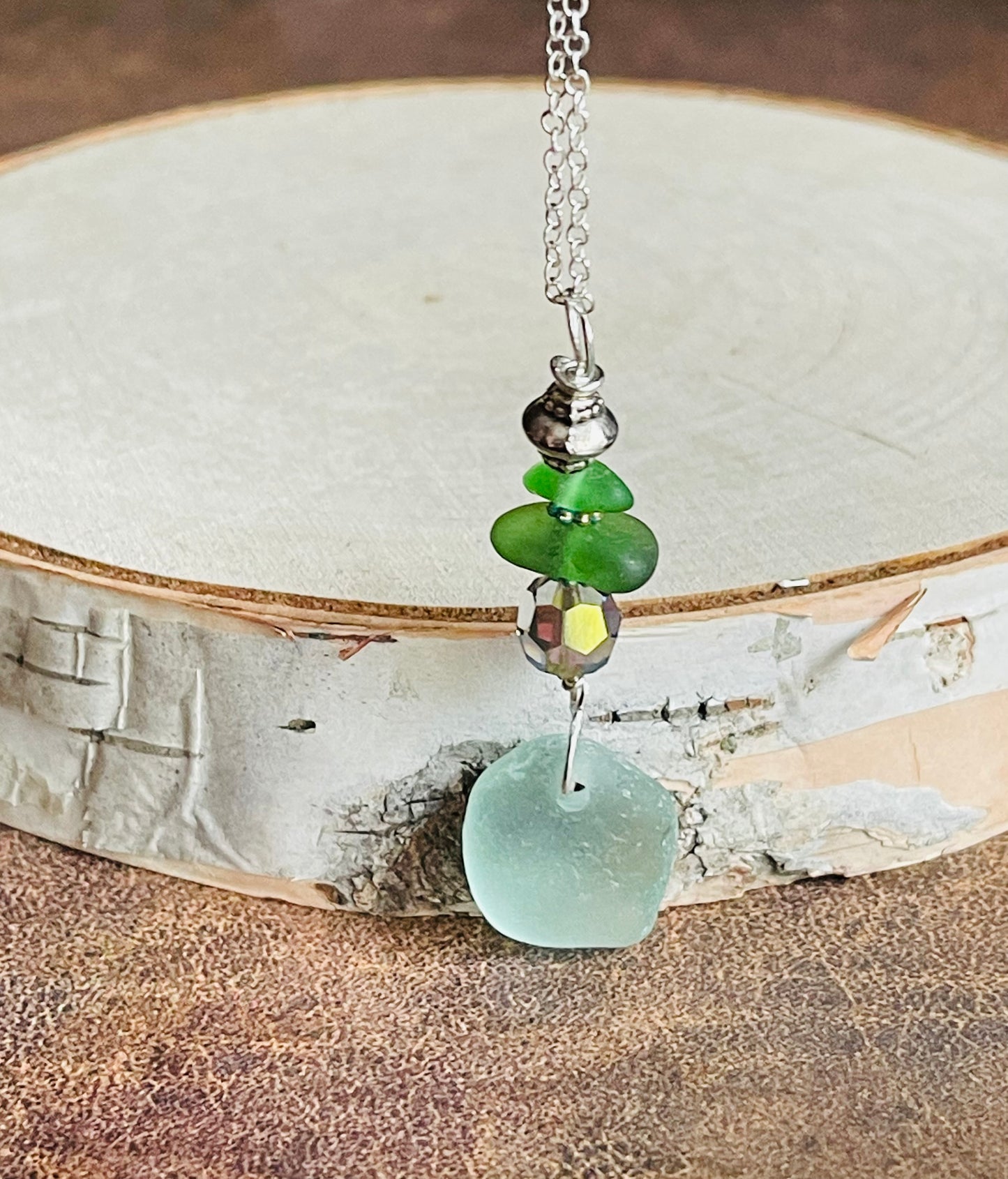 Gorgeous Lake Michigan Authentic Beach Glass pendant necklace + vintage Swarovski crystal
