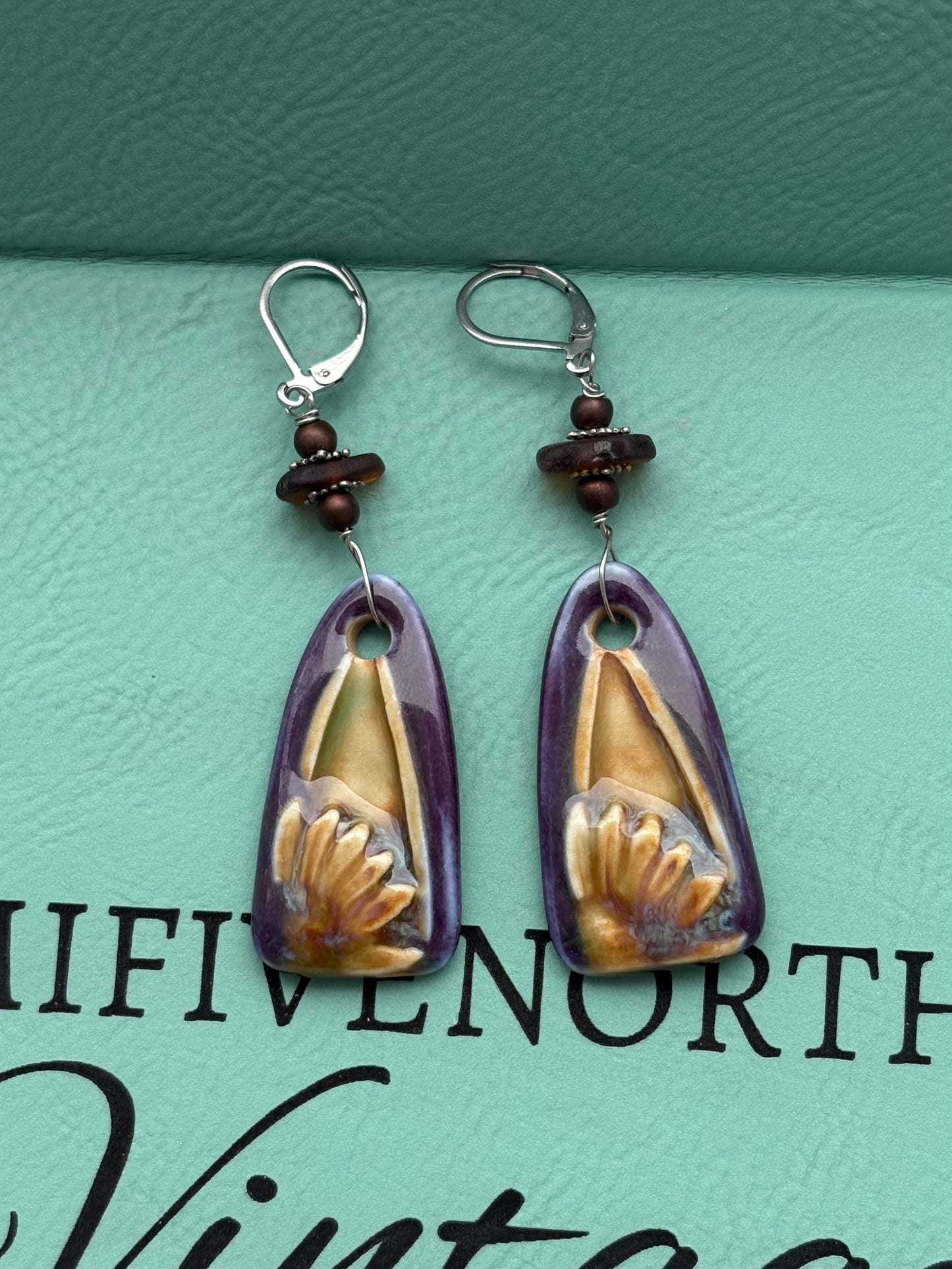 Deep purple Flower Charm Earrings with Lake MI beach glaaa