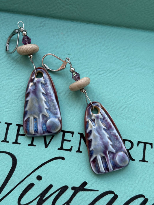 Petoskey stone + handmade ceramic landscape charm earrings