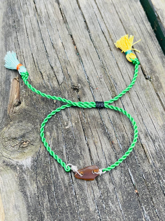 Green Adjustable Bracelet with colorful tassels and brown Lake Michigan beach glass