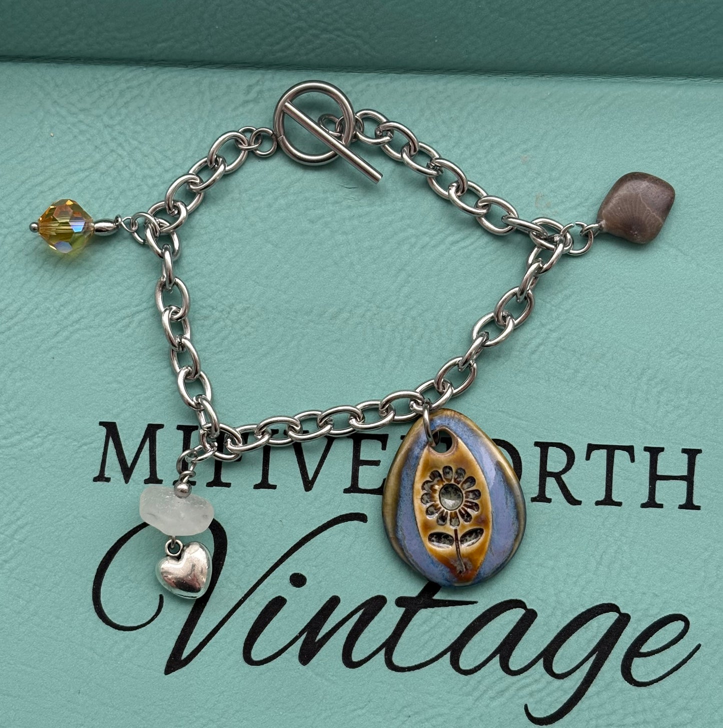 Petoskey stone & Beach Glass Charm Bracelet