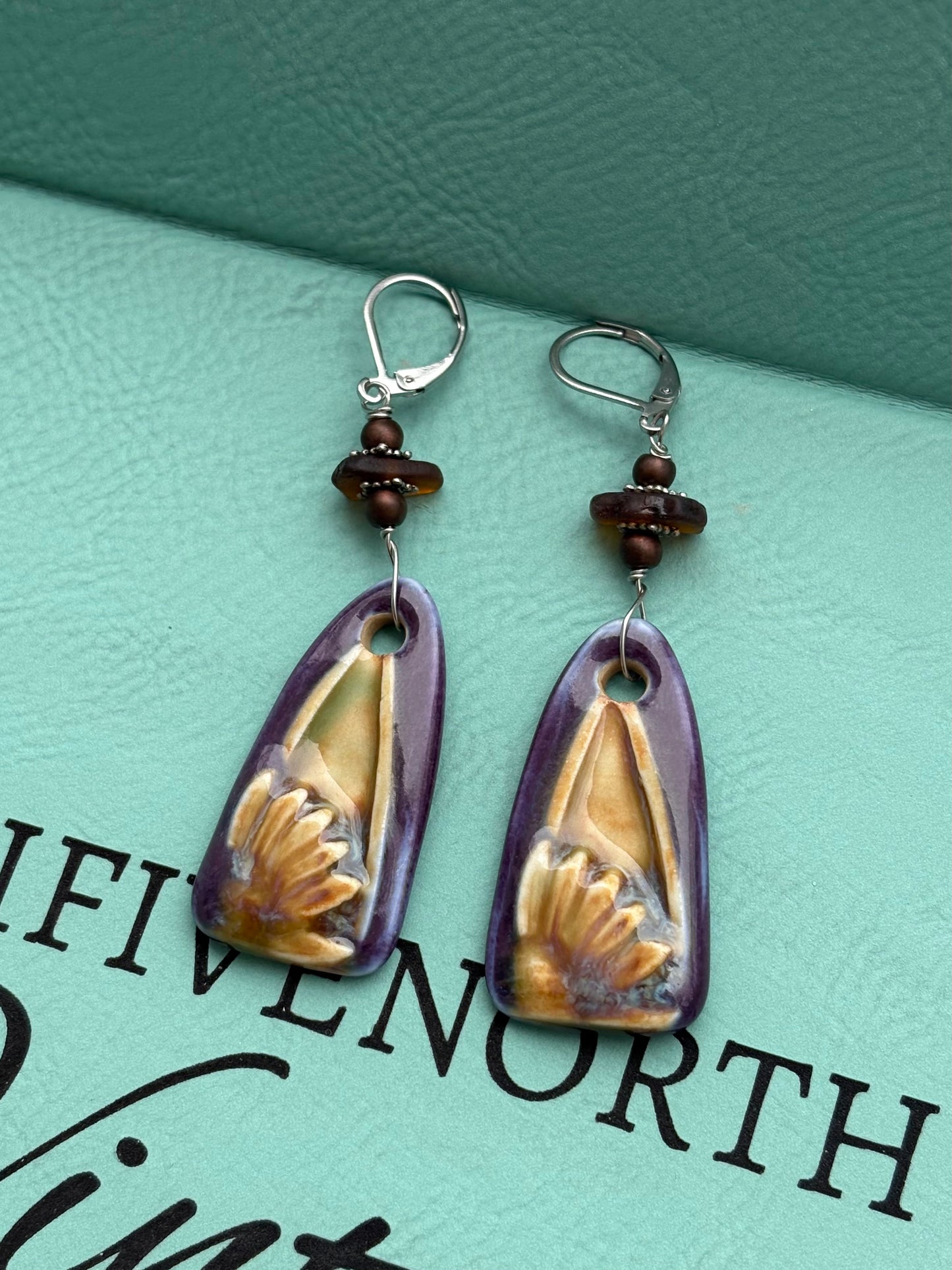 Deep purple Flower Charm Earrings with Lake MI beach glaaa