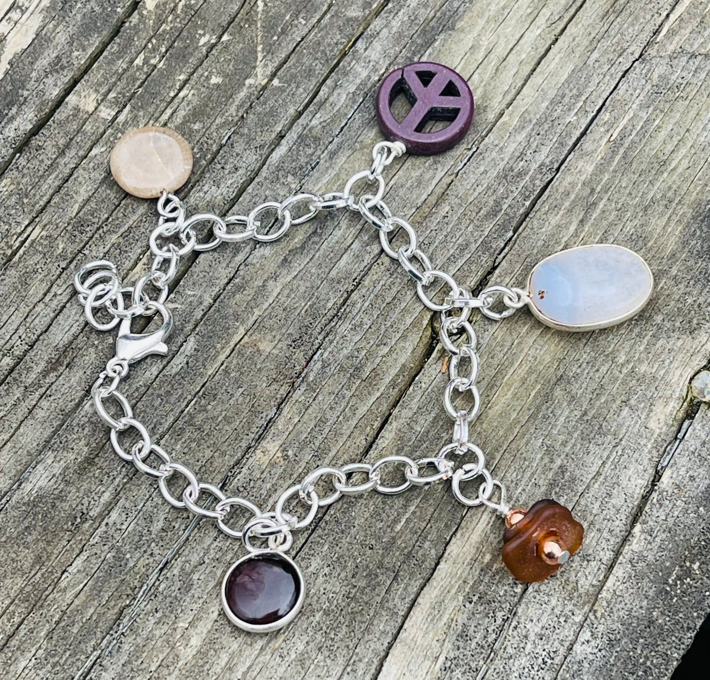 Lake Michigan beach glass + Petoskey stone + rainbow moonstone charm bracelet