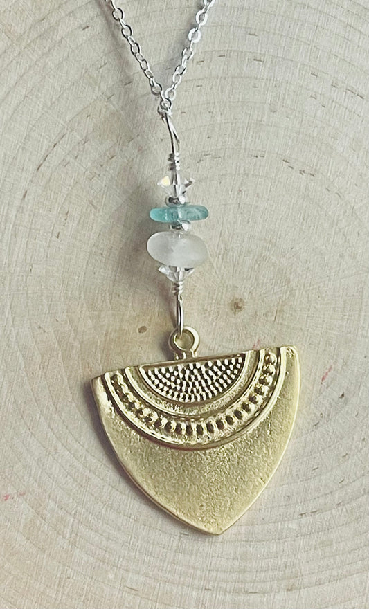 Stunning Gold Plated Pendant with Blue & White Authentic Great Lakes Beach Glass & Vintage Swarovski crystals