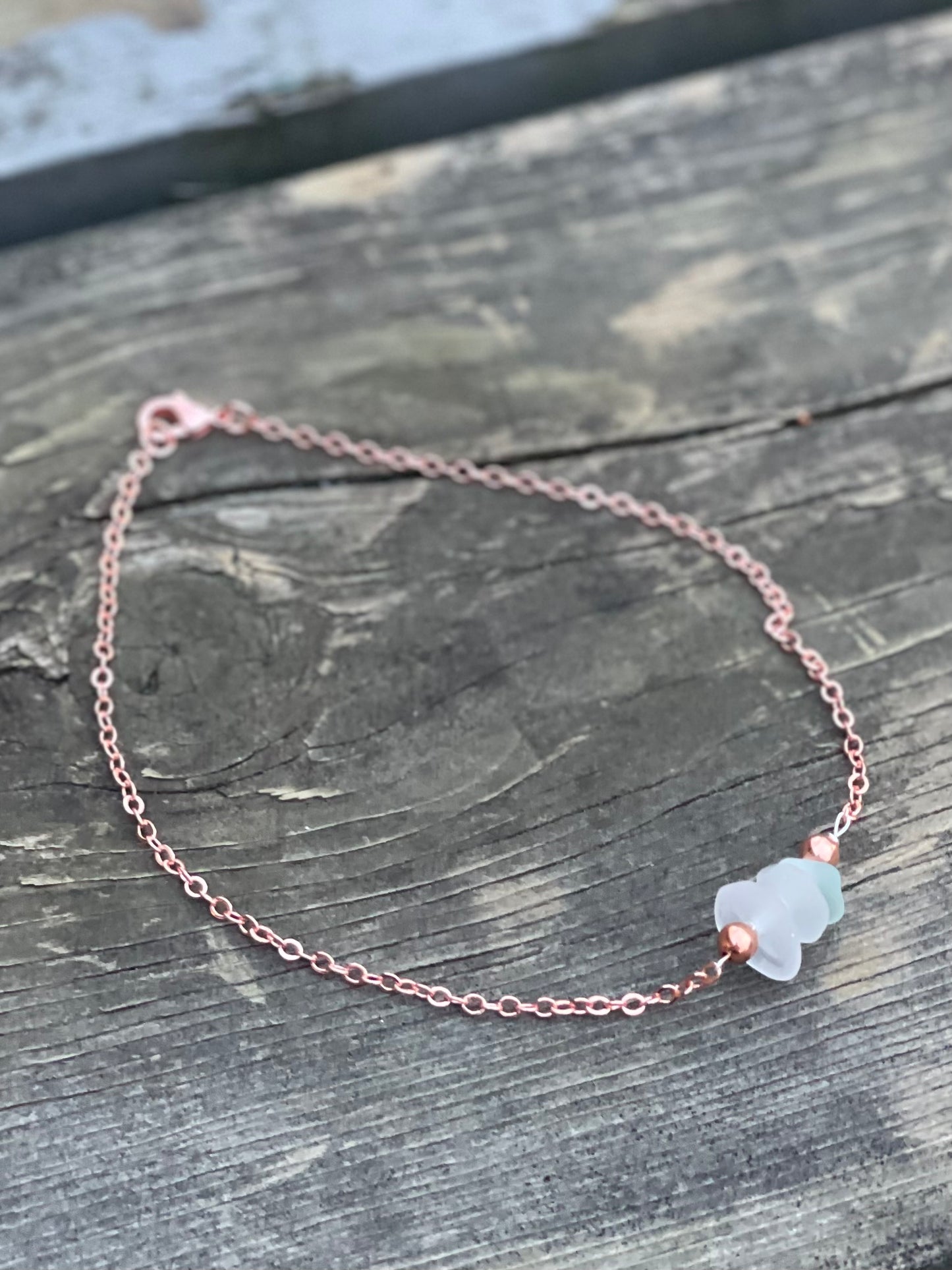 Pretty 9.5”Rose Gold Plated anklet with authentic Great Lakes Beach Glass