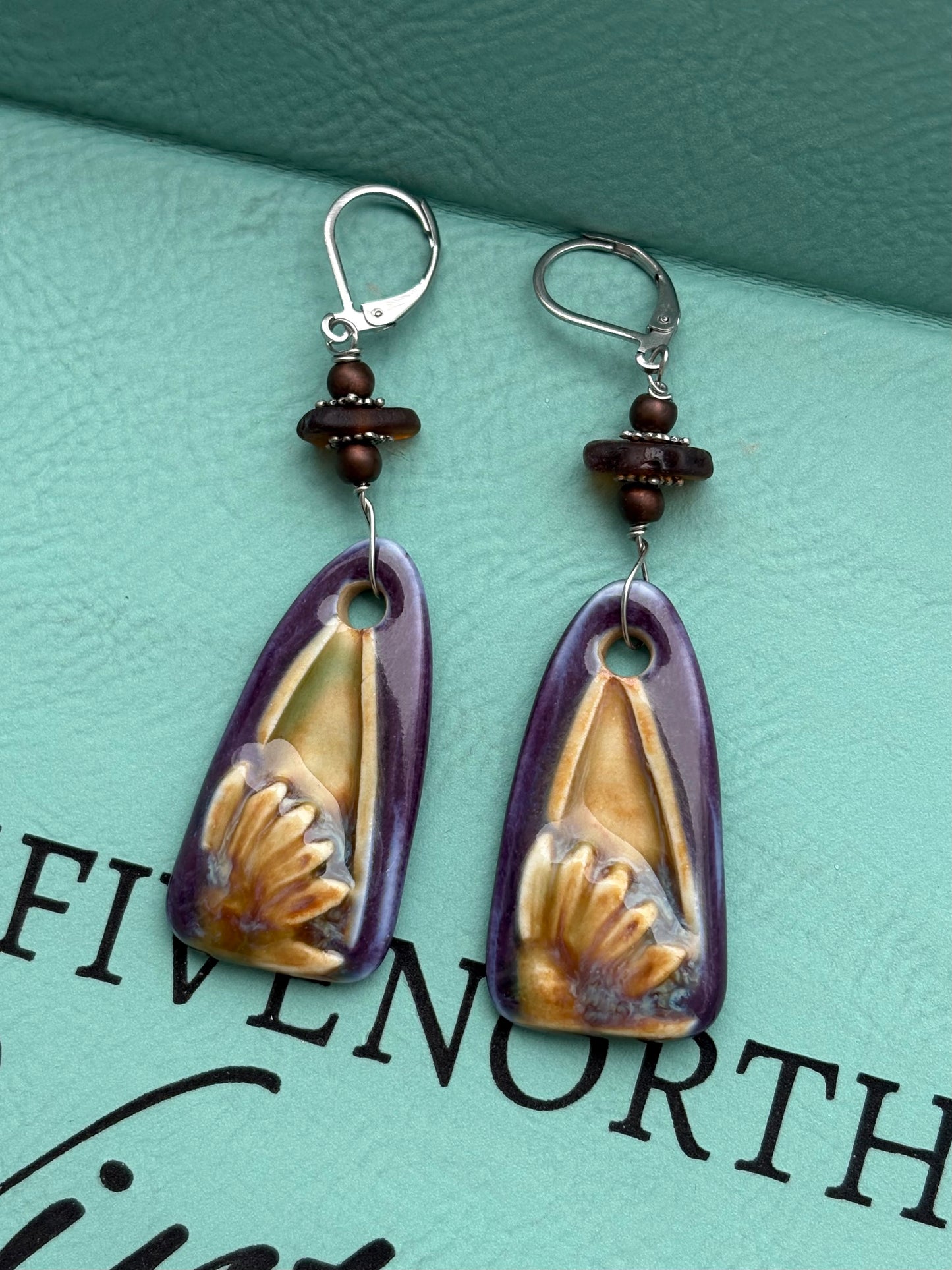 Deep purple Flower Charm Earrings with Lake MI beach glaaa