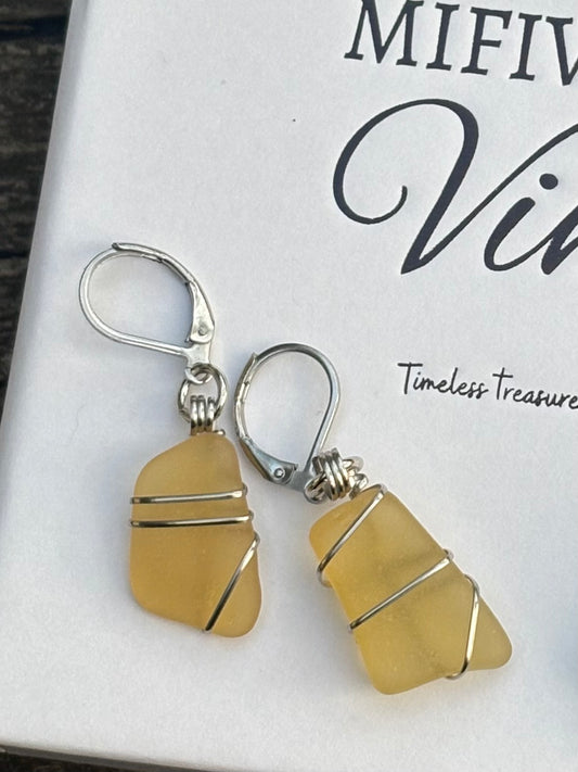 Authentic Great Lakes RARE Yellow Beach Glass Earrings – Stainless Steel Wire Wrapped