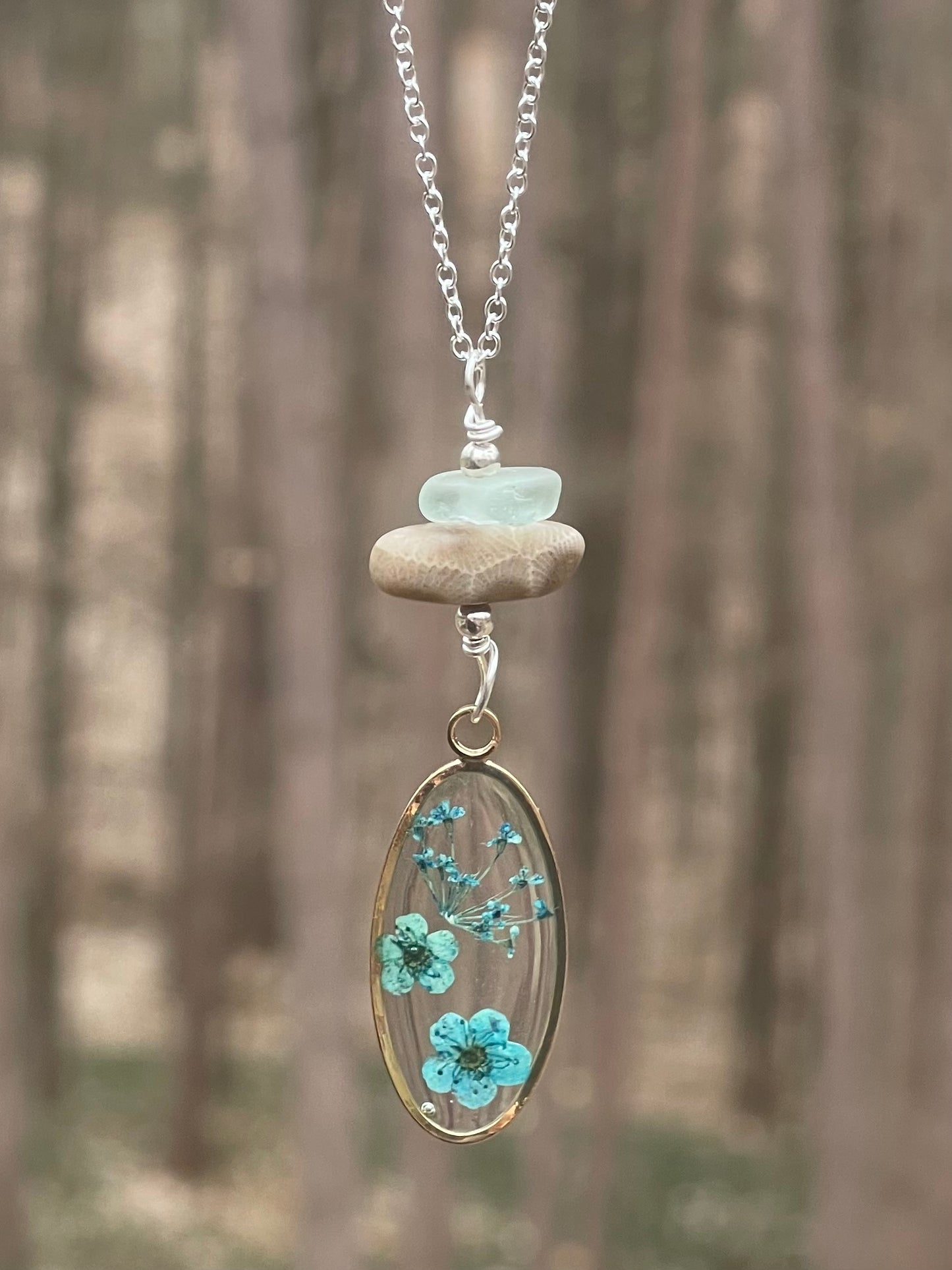 Michigan Petoskey stone and beach glass necklace with pressed flower charm