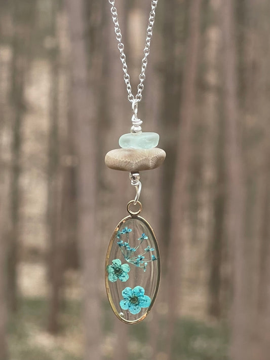 Michigan Petoskey stone and beach glass necklace with pressed flower charm