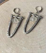 Hammered Sterling Silver Plated U shaped pendant Earrings with White Great Lakes Beach Glass Charms