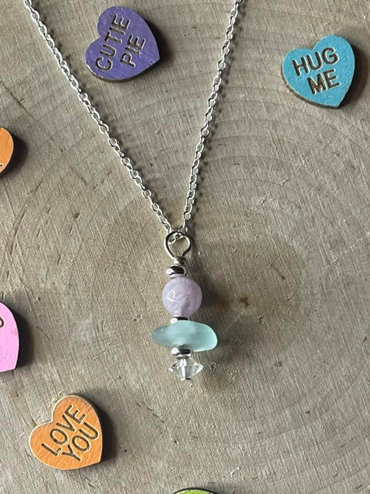 Authentic Michigan Light Blue Beach Glass + Amethyst + Vintage Swarovski Crystal