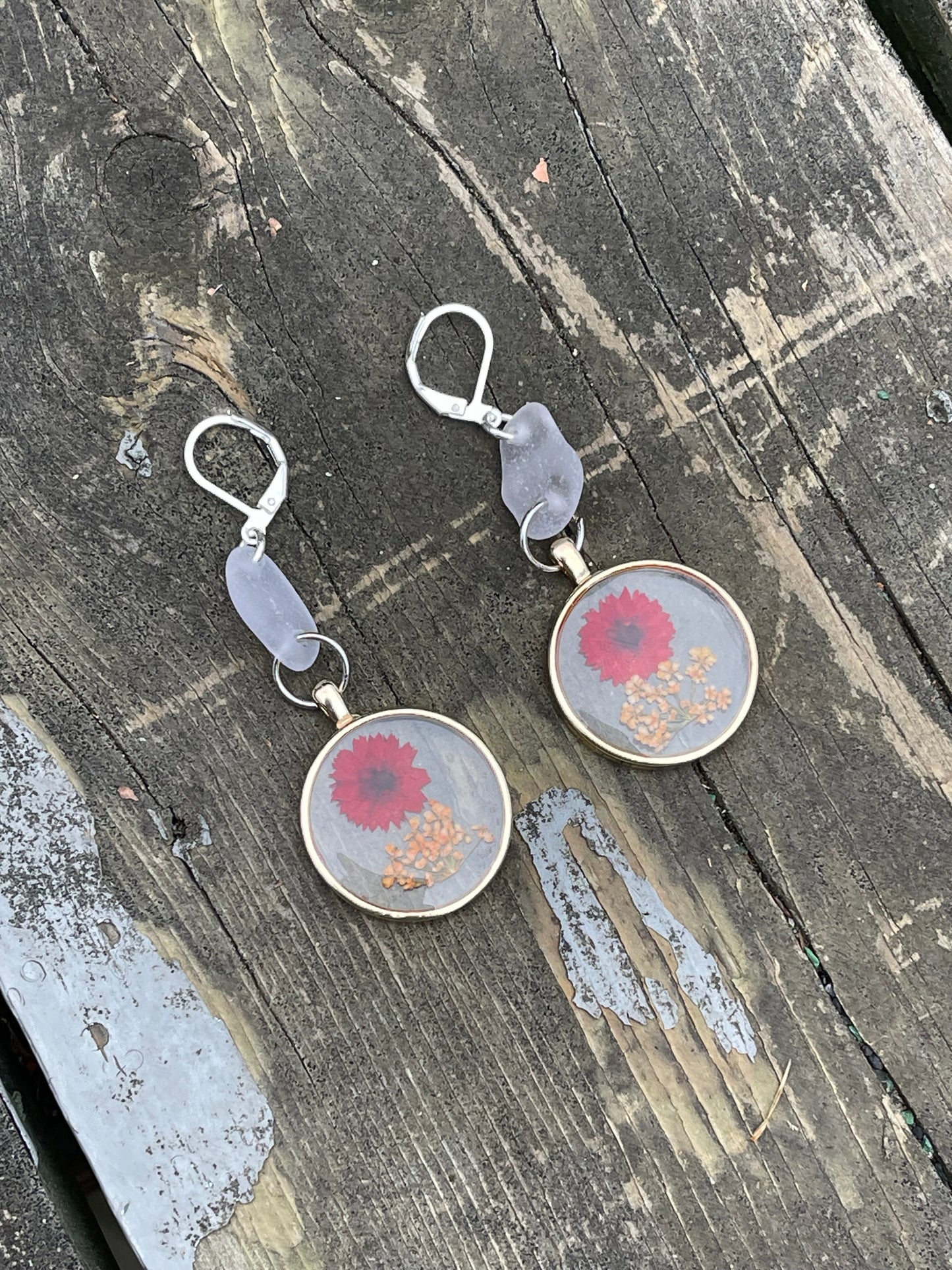 Pressed daisy flower charm + Lake Michigan beach glass earrings
