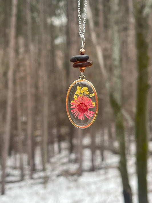 Red Daisy + Yellow Queen Anee's Lace Pressed Flower Pendant necklace with stacked brown beach glass