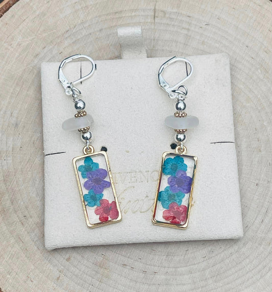 Colorful Pressed Flower + Lake Michigan Beach Glass Earrings