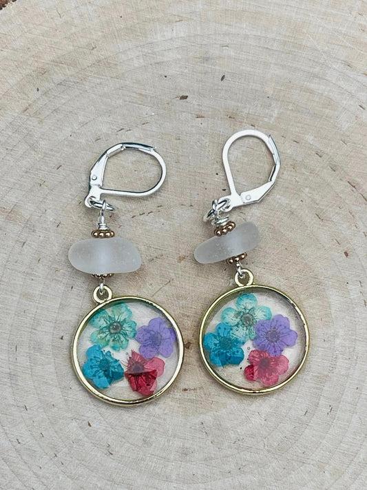 Colorful Pressed Flowers + Lake Michigan Beach Glass Earrings