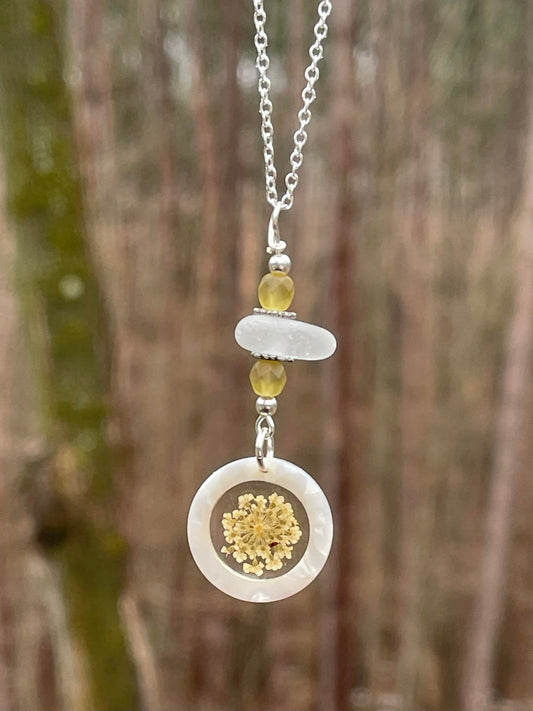 Pretty Queen Anne's Lace Pressed Flower + Lake Michigan Beach Glass 24" Sterling silver necklace