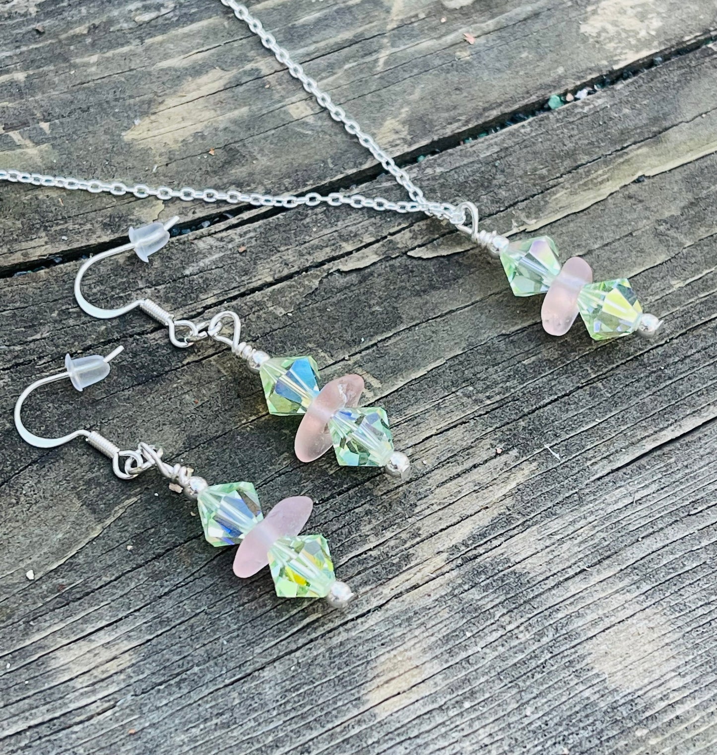 Beautiful Authentic Pink Lake Erie Beach Glass necklace + earring set