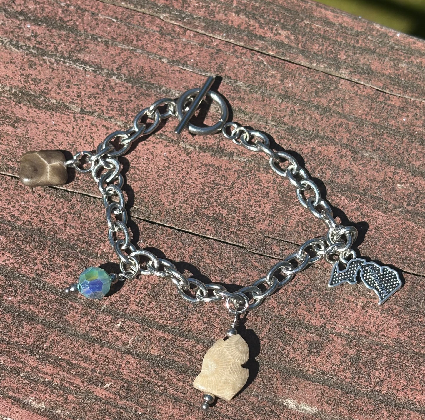 Michigan Charm Bracelet – Petoskey Stone & Vintage Swarovski Crystal | 7” Stainless Steel Toggle