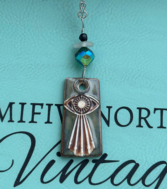 Evil eye Handmade ceramic charm beach glass pendant necklace