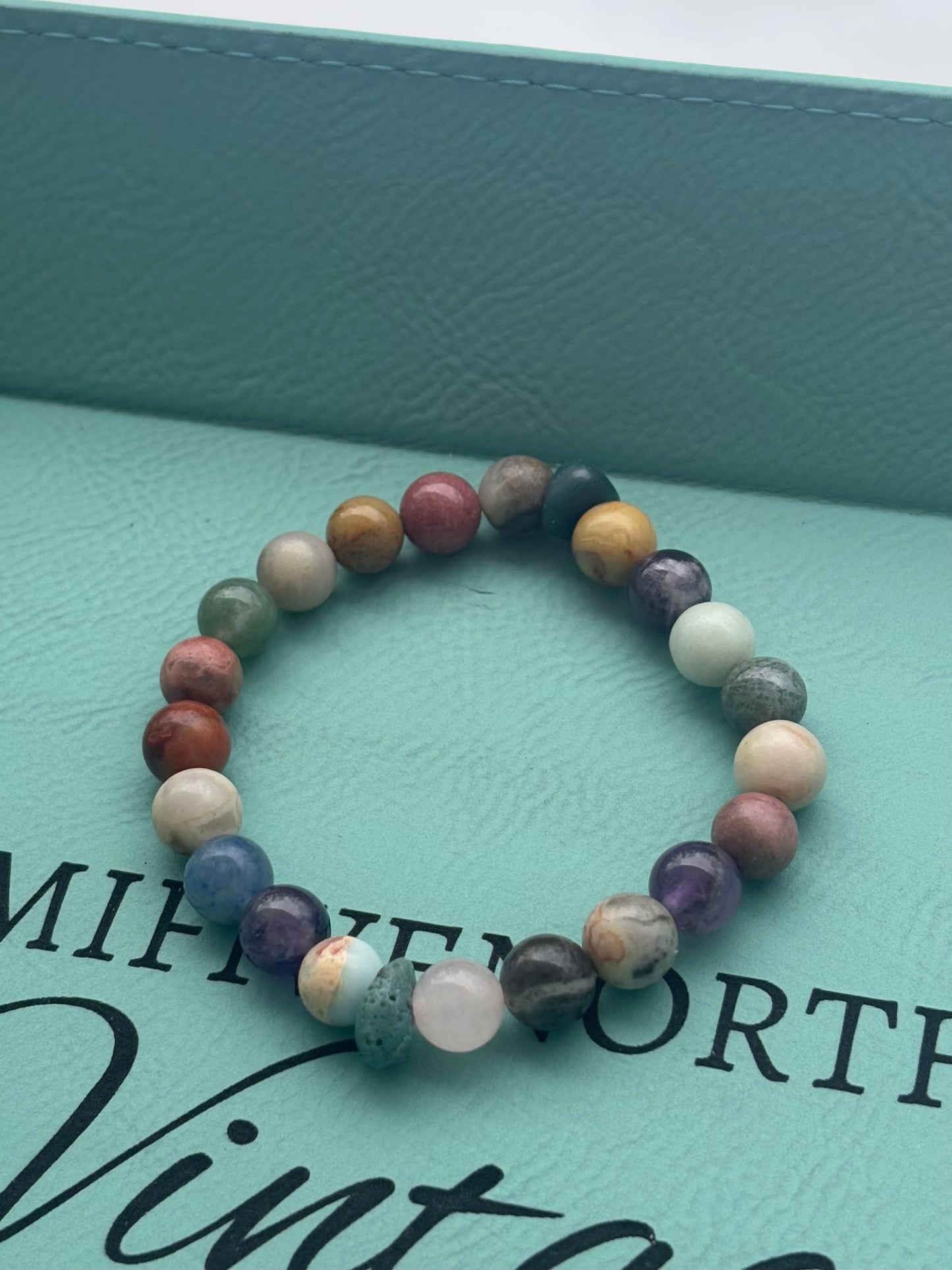 7” stretchy mixed gemstone bracelet with Leland Blue Stones