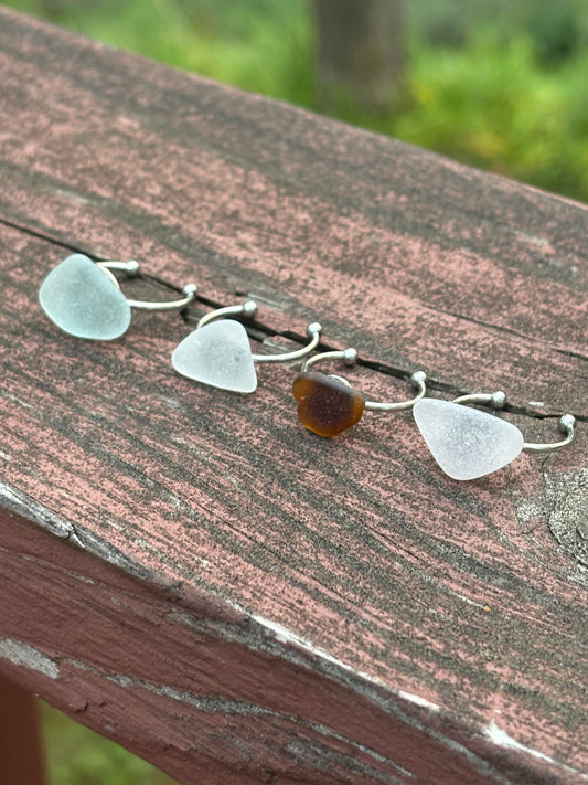 Adjustable Beach Glass Stainless Steel Rings