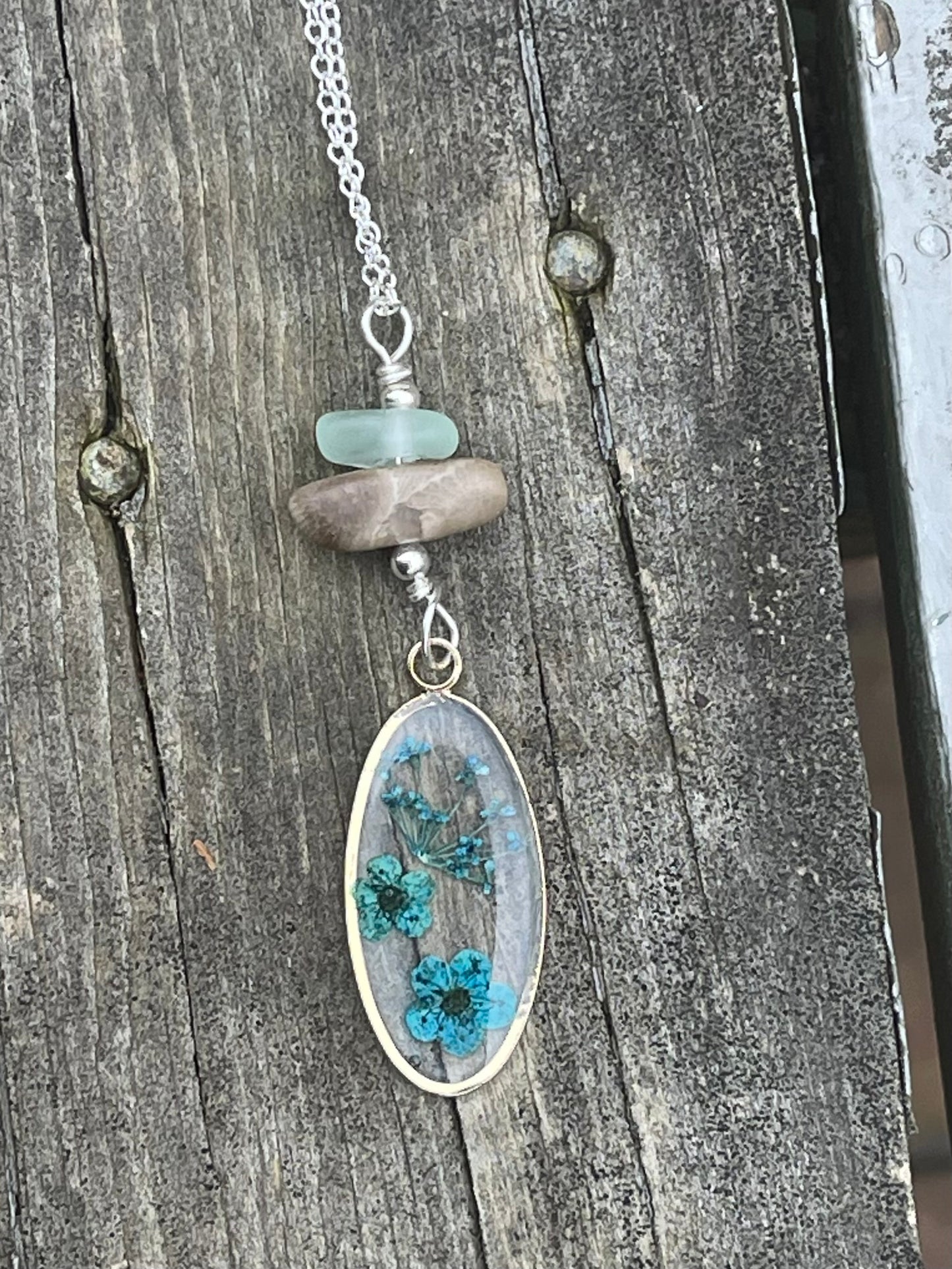 Michigan Petoskey stone and beach glass necklace with pressed flower charm