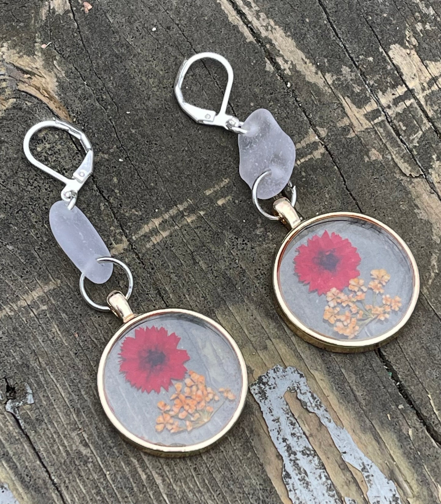 Pressed daisy flower charm + Lake Michigan beach glass earrings