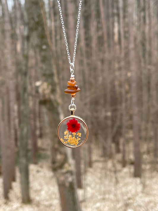 Gorgeous Genuine Pressed Flower pendant + Lake Michigan Beach Glass necklace