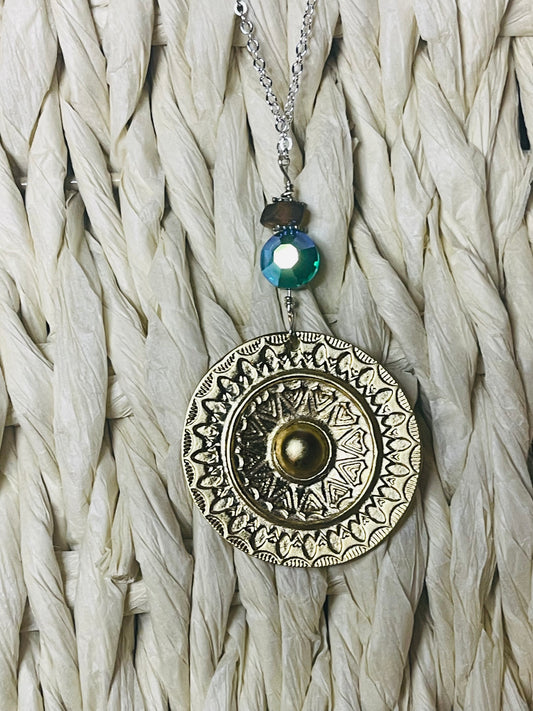 Gorgeous gold plated medallion pendant necklace with Michigan beach glass and emerald Swarovski crystal