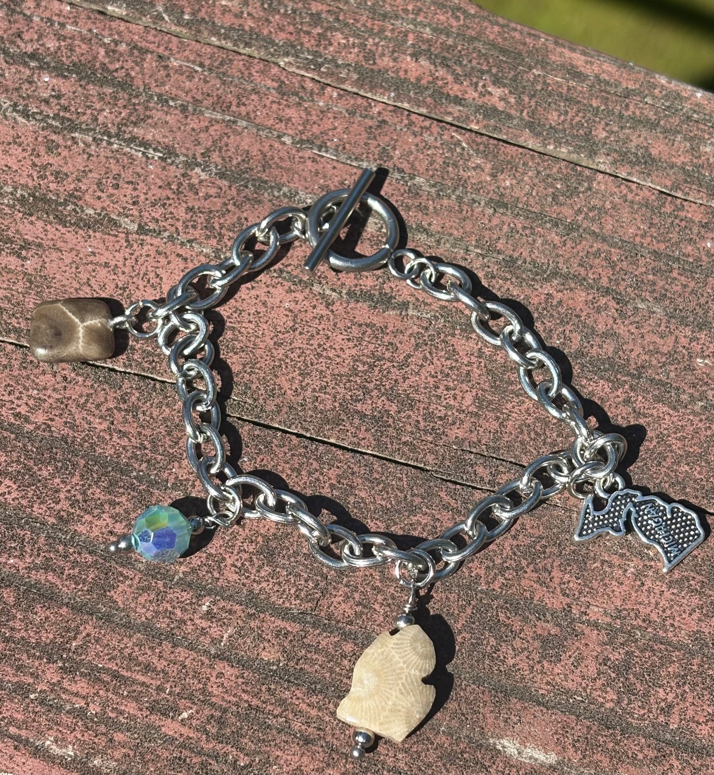 Michigan Charm Bracelet – Petoskey Stone & Vintage Swarovski Crystal | 7” Stainless Steel Toggle