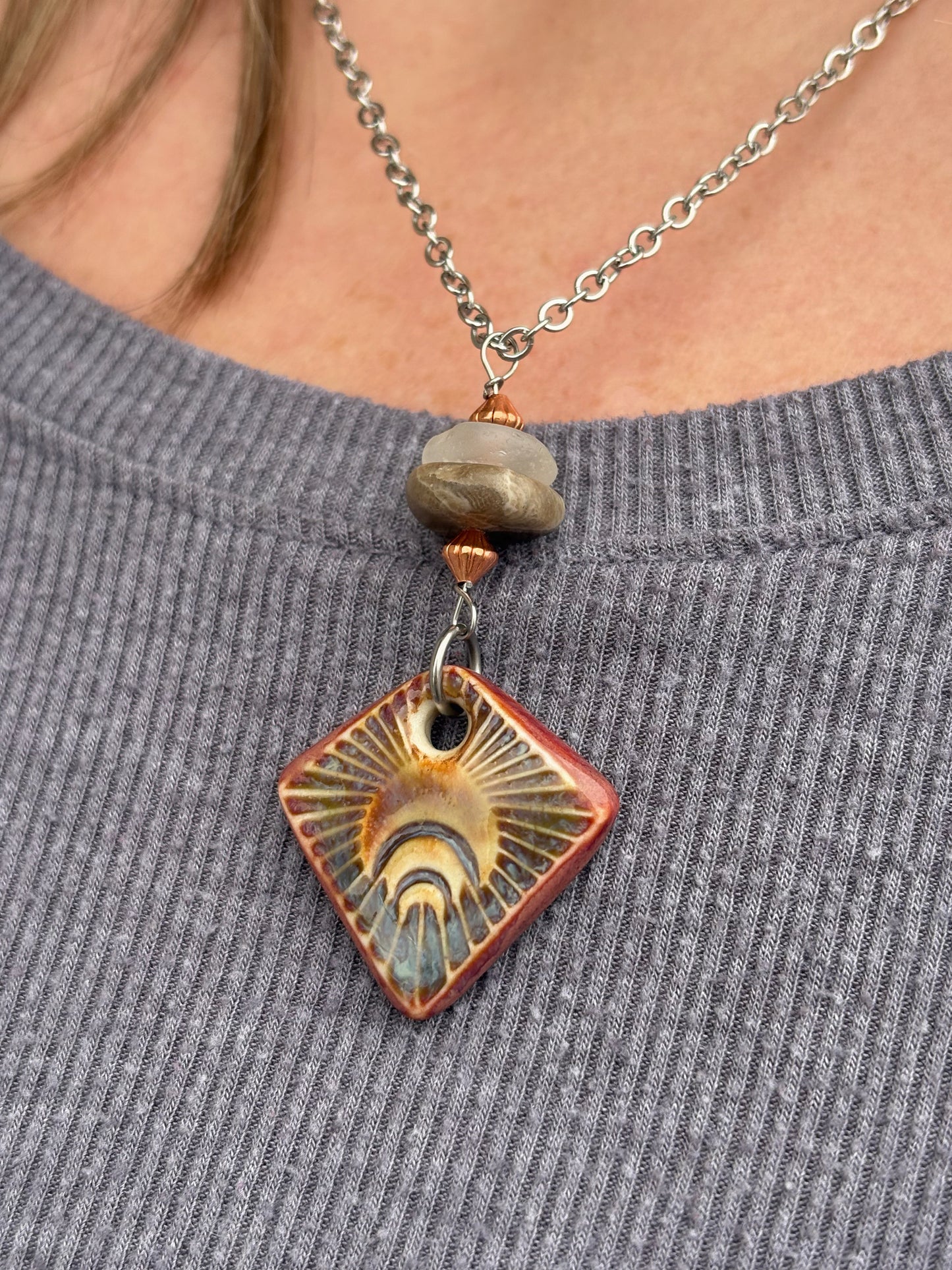 Sun Charm Petoskey stone & Beach Glass necklace