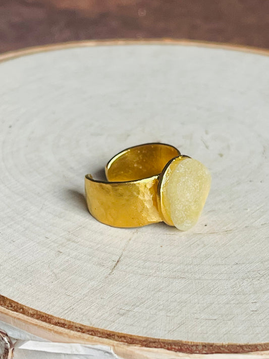 Simple authentic Lake Michigan white beach glass adjustable gold colored hammered brass ring