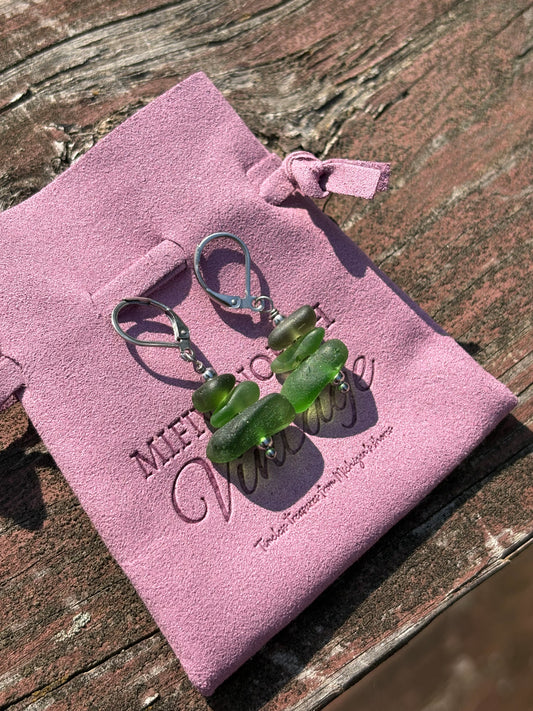 Lake Michigan Stacked Green Beach Glass Earrings – Olive & Emerald Blend
