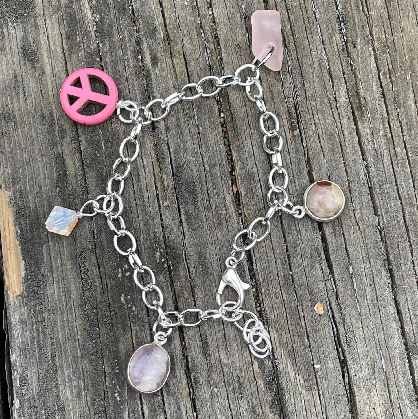 Pink Michigan Beach Glass Charm Bracelet + Pudding Stone + Amethyst