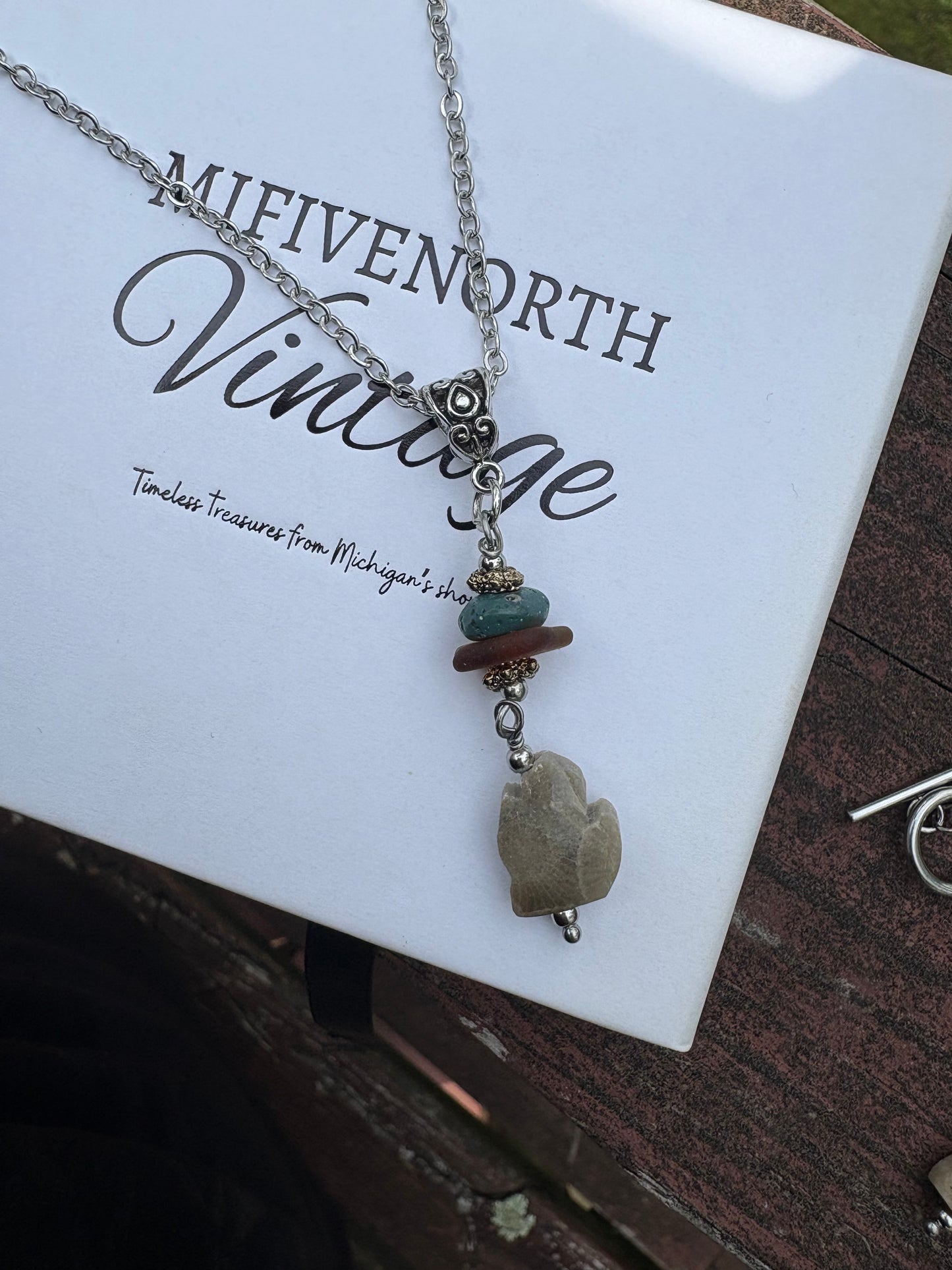 Michigan Petoskey Stone Pendant Necklace – Beach Glass & Leland Blue Accent