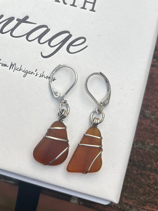 Brown Lake Michigan Beach Glass Earrings – Stainless Steel Wire Wrapped