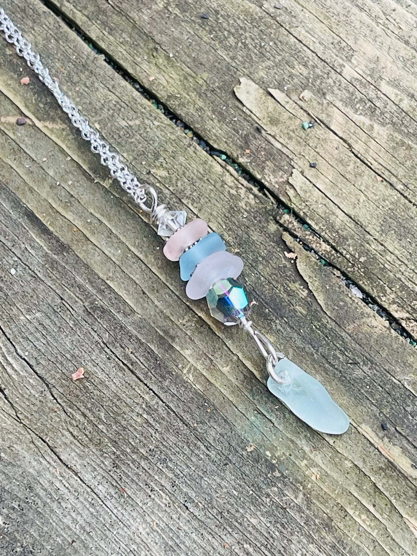 Genuine Great Lakes Beach Glass Pendant Necklace with sterling silver bail + sterling silver plated 26” chain