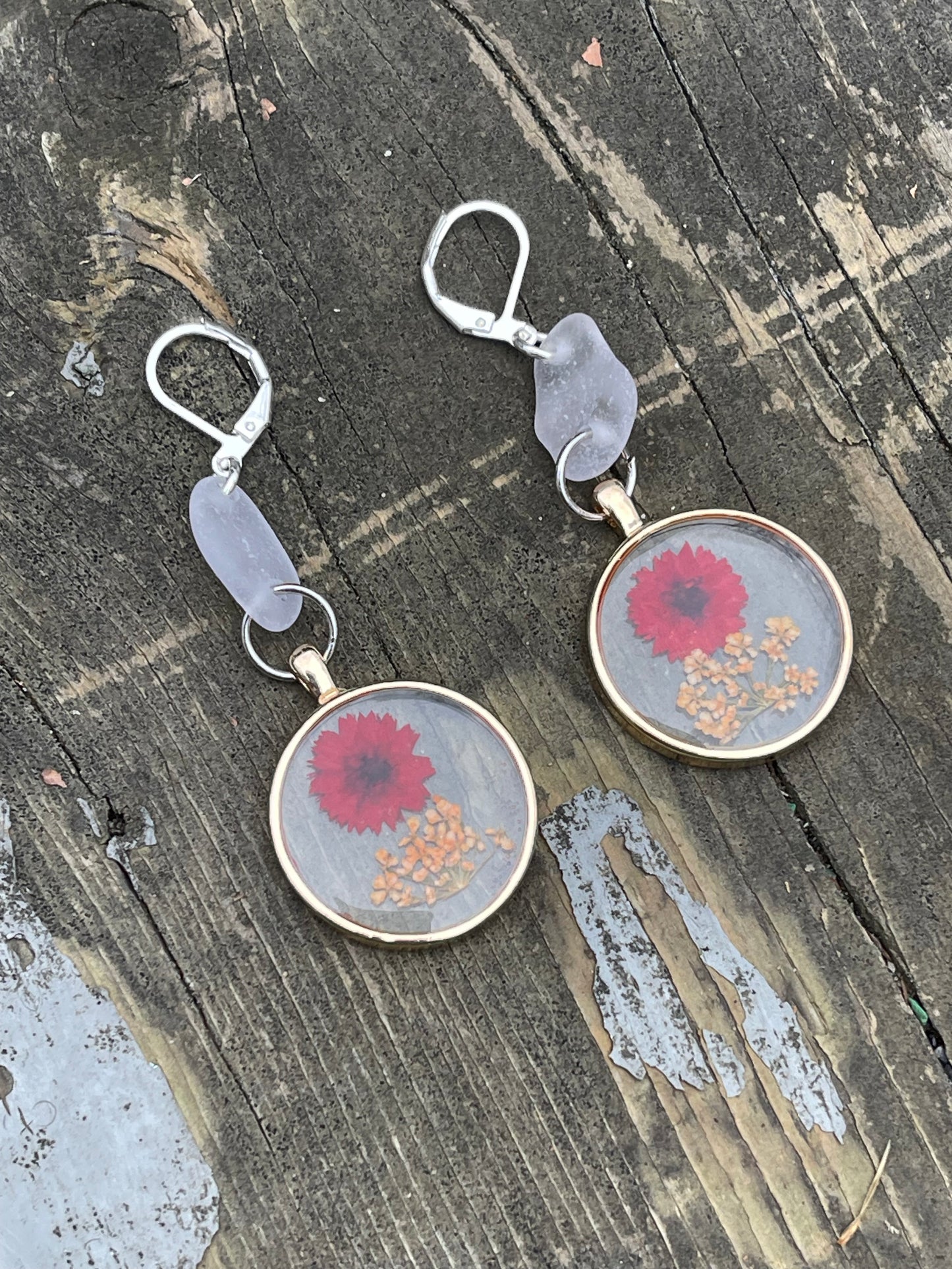 Pressed daisy flower charm + Lake Michigan beach glass earrings