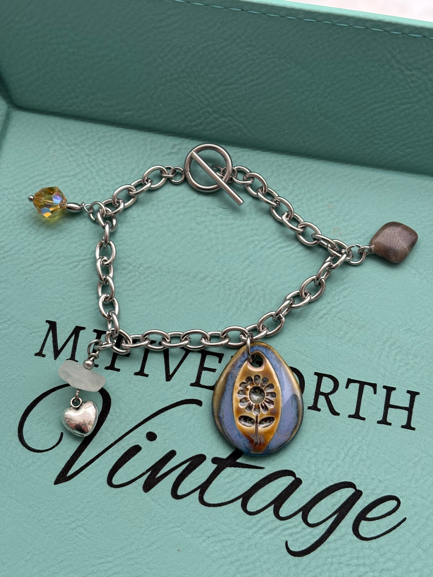 Petoskey stone & Beach Glass Charm Bracelet