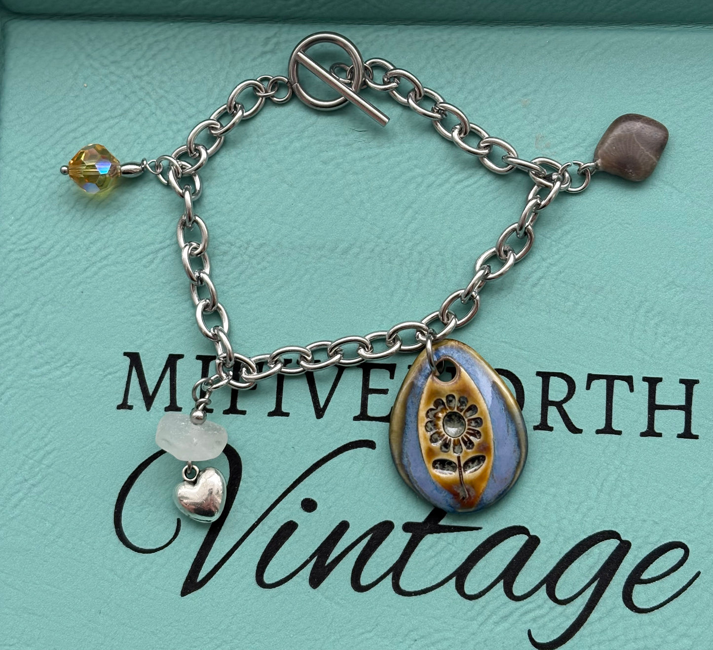 Petoskey stone & Beach Glass Charm Bracelet