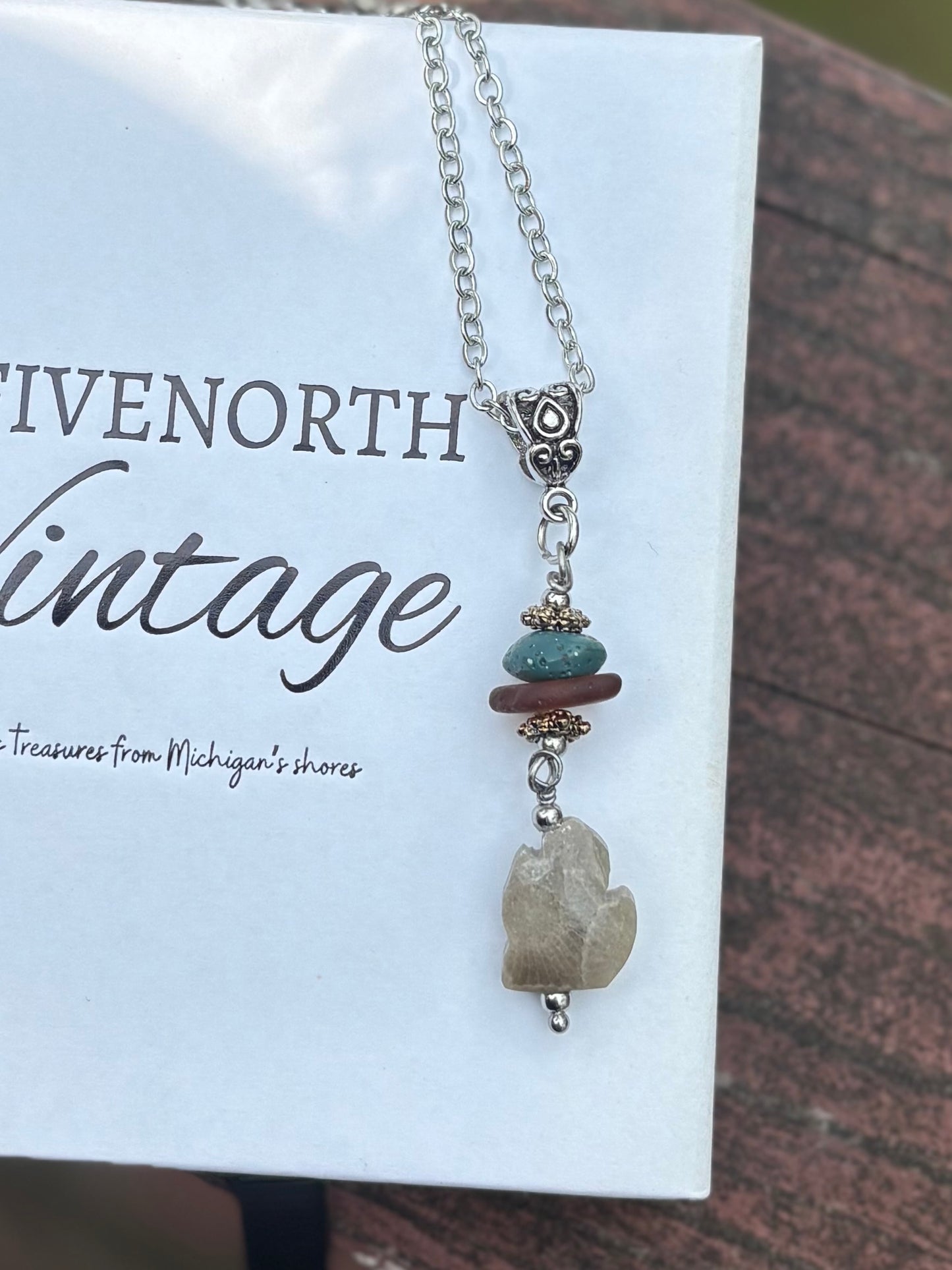 Michigan Petoskey Stone Pendant Necklace – Beach Glass & Leland Blue Accent