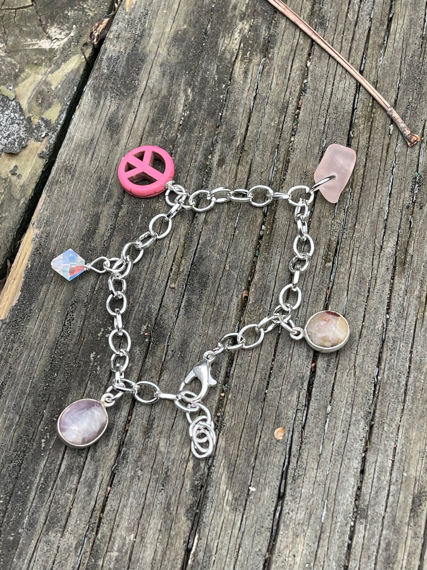 Pink Michigan Beach Glass Charm Bracelet + Pudding Stone + Amethyst