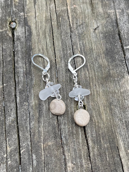Lake Michigan beach glass + Petoskey stone earrings