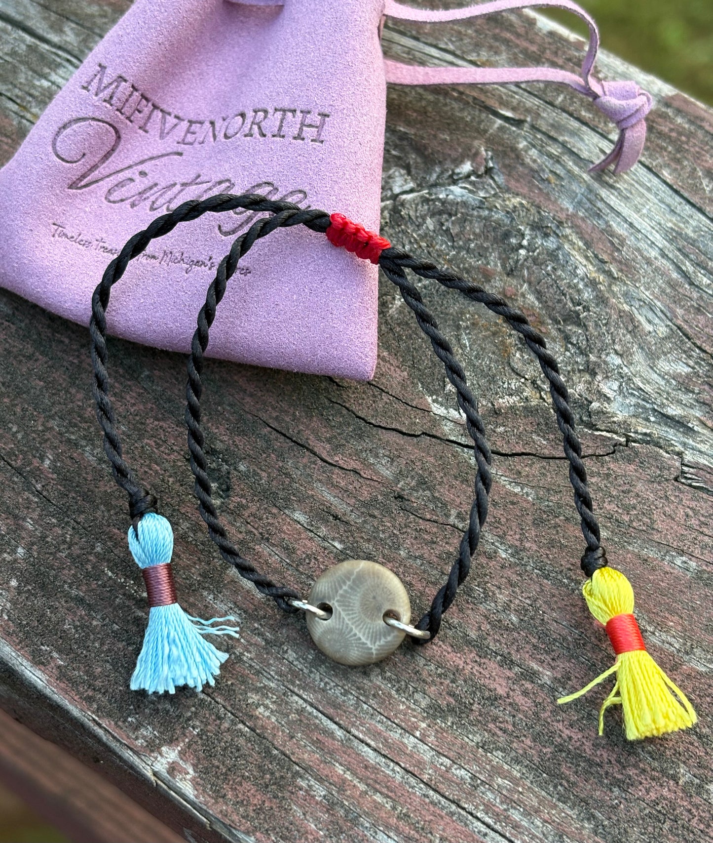 Petoskey Stone Adjustable Tassel Bracelet – Black Cord