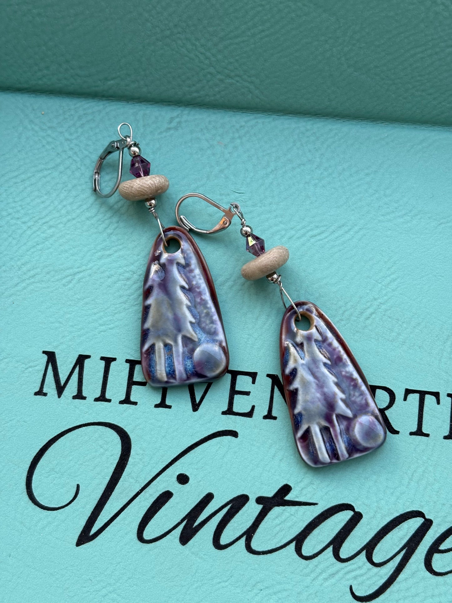 Petoskey stone + handmade ceramic landscape charm earrings