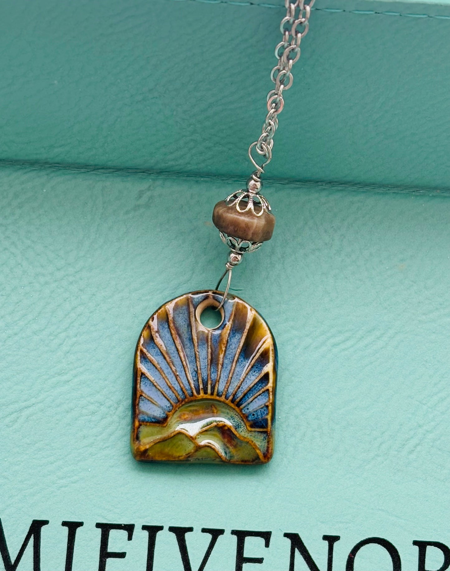 Michigan Petoskey stone & landscape ceramic pendant necklace