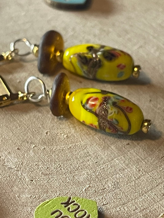 Gorgeous Vintage Hand Painted Millefiori beads and beach glass earrings