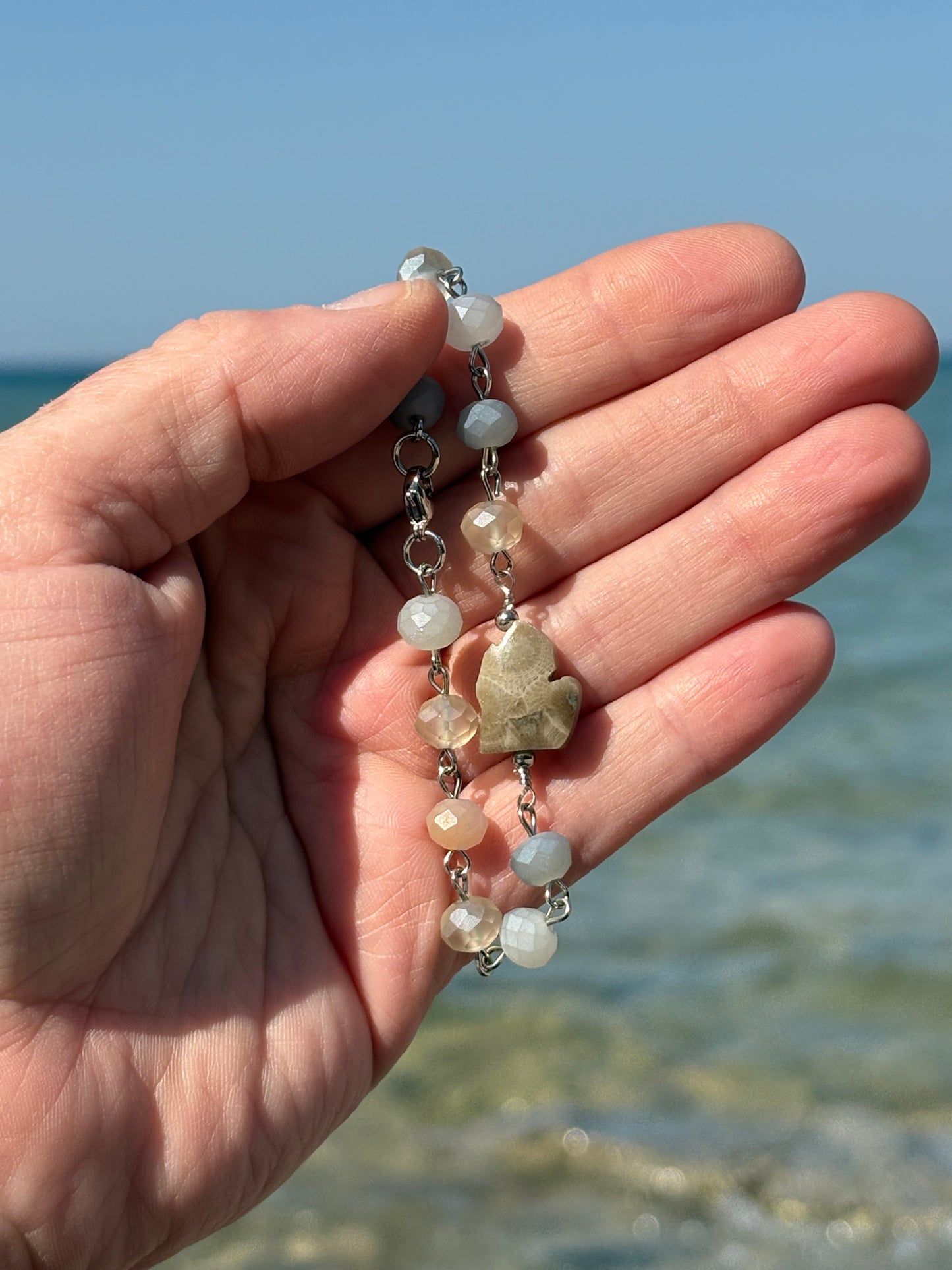 Pastel Rosary Chain Bracelet with Michigan Petoskey Stone – 7” Stainless Steel